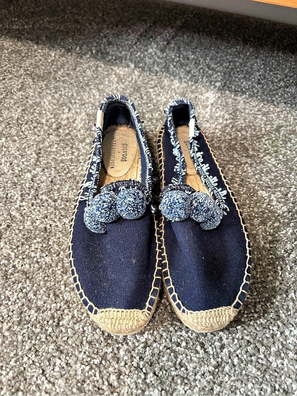 Soludos x Anthropologie Pom Espadrille Slides Blue & White size 7
